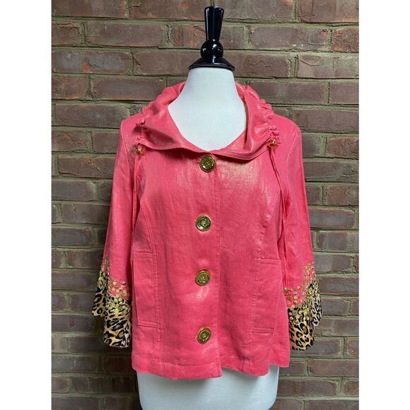 Berek Coral & Gold Shimmer Linen Leopard Jeweled Jacket Size Medium - Picture 2 of 6